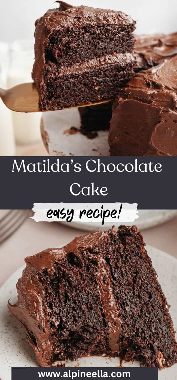 chocolate cake on a white plate with the words matilda's chocolate cake easy recipe