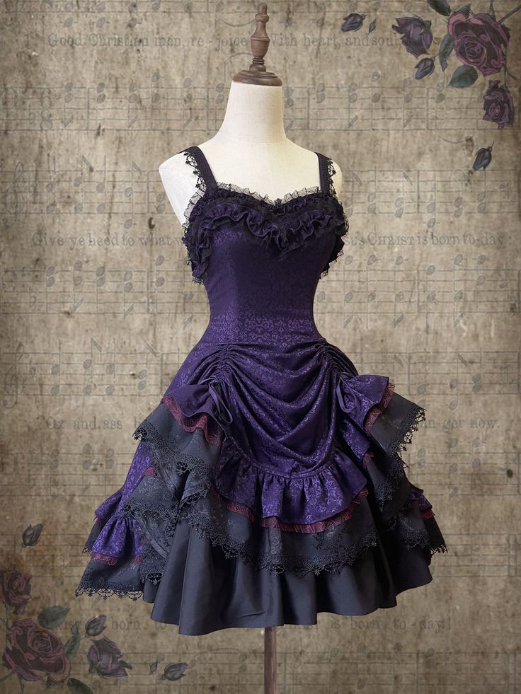 A lace-up jumper skirt and lace-up dress with flowers drawn in real purple. An elegant and gorgeous item richly decorated with lace embroidery and frills. Gothic blouse looks great as well. She is a beautiful and mysterious young lady.       Item     Jumper skirt   One Piece       Size       XS size     Length (front): 90cm   Length (back): 97cm   Shoulder width: 42cm   Bust: 84cm   Waist: 72cm     S size     Length (front): 90cm   Length (back): 97cm   Shoulder width: 43cm   Bust: 88cm   Waist: Gothic Dress Short, Victorian Dress Gown, Flowers Drawn, Gothic Blouse, Purple And Black Dress, Purple Gothic, Purple Night, Dress With Flowers, Dark Dress