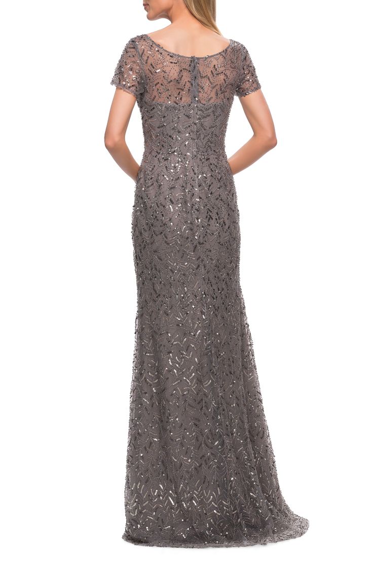 A fern-like design spreads sparkle across this chic gown designed with short sleeves in a fitted sheath silhouette. Style Name:La Femme Sequin Short Sleeve Sheath Gown. Style Number: 6215442. Silk Charmeuse Dress, Charmeuse Dress, Sequin Short, Sheath Gown, Gown Style, Taupe Grey, Long Sleeve Evening Dresses, Mob Dresses, Long Evening Gowns