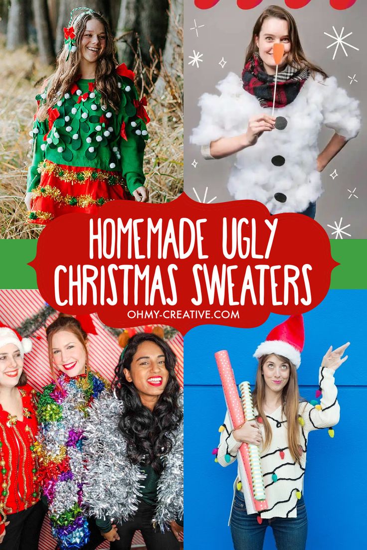 What could be more fun than making your own Homemade Ugly Christmas Sweaters? Find great inspiration and put your artistic skills to the test. We've rounded up some of the most hilariously tacky (and easy to make) DIY Christmas sweaters out there. So whether you're looking for a last-minute outfit for an ugly sweater party or just want to get into the holiday spirit, these tutorials will help you create your own. Gingerbread House Ugly Sweater Diy, Tackiest Christmas Sweater, Diy Reindeer Sweater, Igly Christmas Sweater, Ugly Christmas Sweater Ideas For Work, Diy Boys Ugly Christmas Sweater Ideas, Funny Christmas Sweaters Women, Ugly Xmas Sweater Diy, Ideas For Ugly Christmas Sweaters