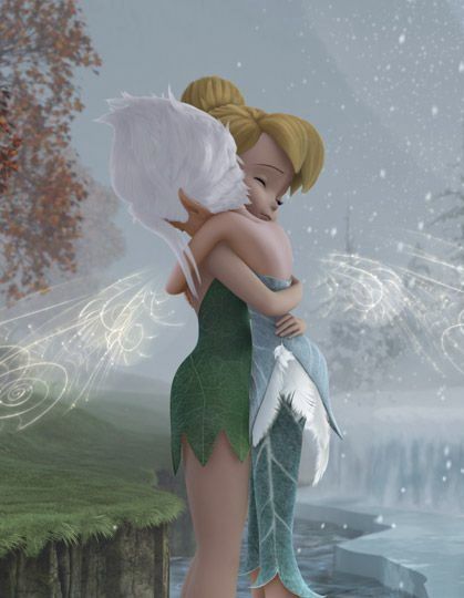 a painting of two people hugging each other in front of a waterfall and sky background