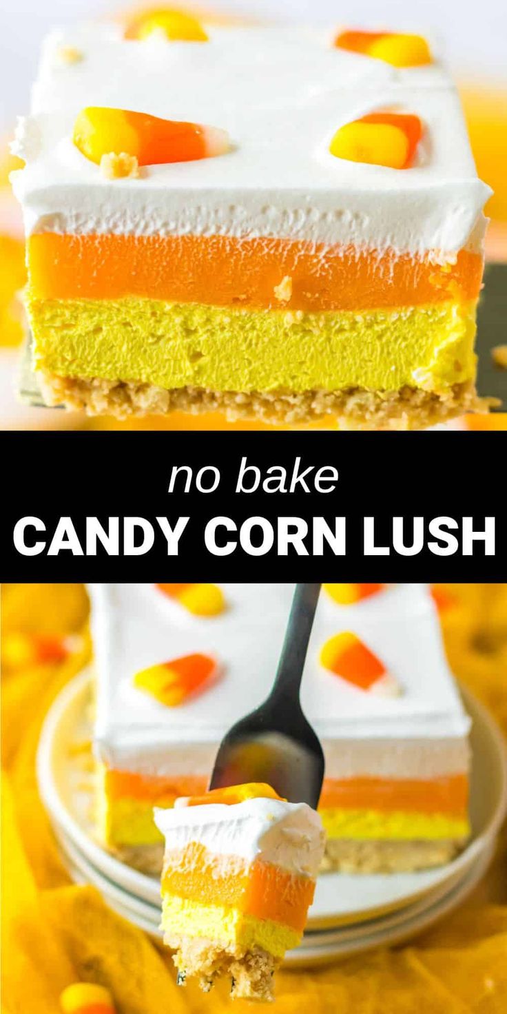 orange and yellow layered candy corn dessert Candy Corn Poke Cake, Candy Corn Cake Decoration, Candy Corn Cheesecake, Candy Corn Cake Ideas, Candy Corn Recipe Ideas, Holloween Desserts, Oreo Cookie Butter, Candy Corn Desserts, Candy Corn Cake