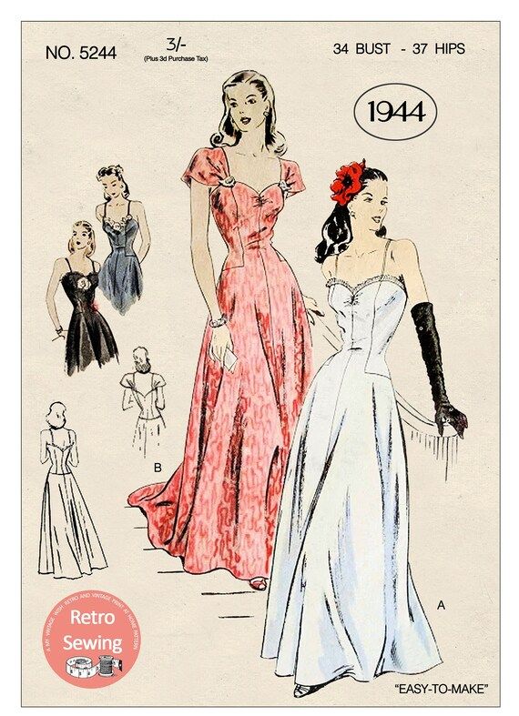 1940s Pretty Wartime Evening Dress PDF Print at Home Pattern | Etsy 1940s Evening Dresses, 40s Mode, 1940s Dress Pattern, 1940 Dress, 1940s Fashion Dresses, Sewing Guide, Circular Skirt, Vintage Vogue Sewing Patterns, Fashion 1940s