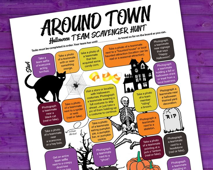 the halloween town scavenger hunt is shown on a purple wooden table with pumpkins and