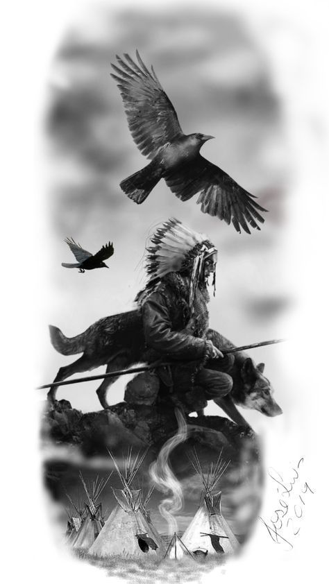 black and white photograph of two birds flying over a man on a horse with feathers in his mouth