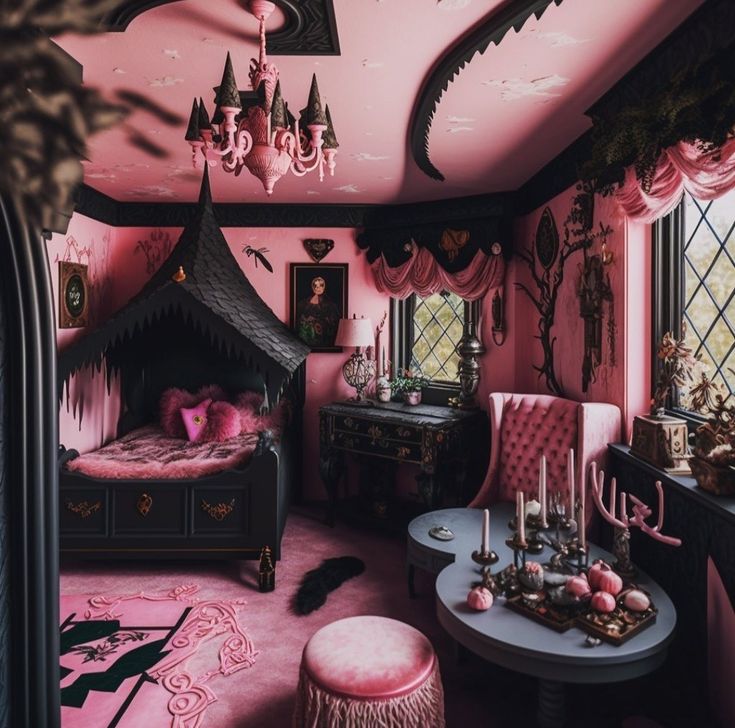 a bedroom with pink walls and furniture in the room is decorated like a fairy tale