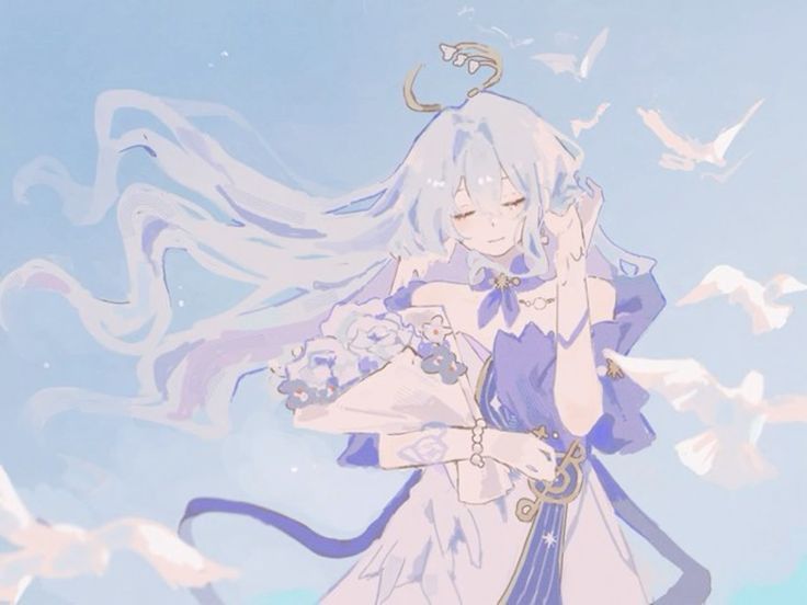 an anime character with long white hair and blue eyes holding a flower in her hand