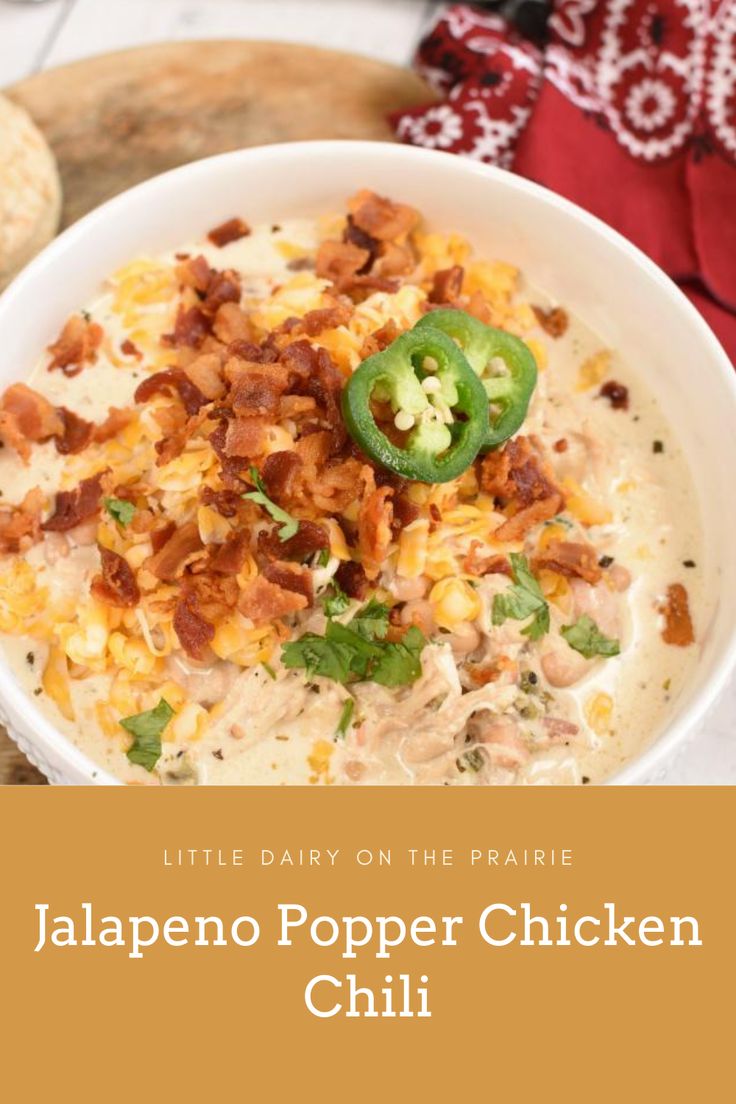 jalapeno popper chicken chili in a white bowl