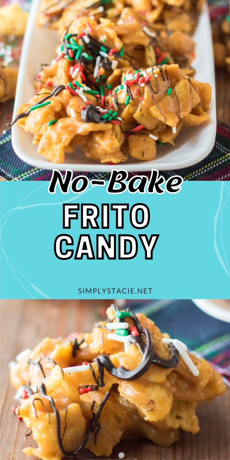 Two image collage of frito candy. First image is the candy on a platter. Second image is a candy on a wood board. Frito Candy, Frito Recipe, Salty Sweet Snacks, Peanut Butter Bites, Peanut Butter Snacks, Peanut Butter Candy, Salty Treats, Candy Recipe, Christmas Candy Recipes