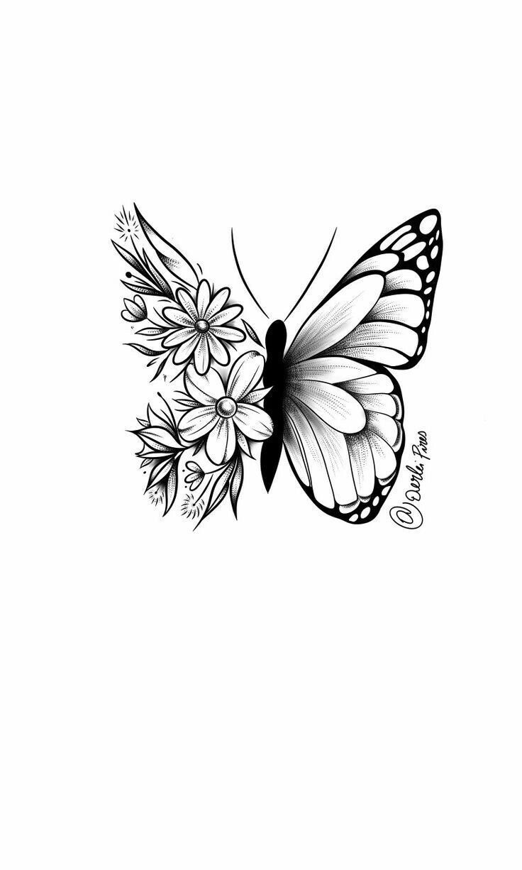 a black and white drawing of a butterfly with flowers