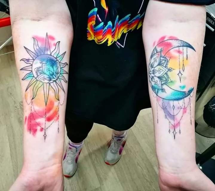 Sun Moon Mandala Watercolours Tattoo Watercolor Arm Tattoo, Watercolor Sun Tattoo, Best Friend Tattoos Sun Moon Stars, Watercolour Sun Tattoo, Colored Sun And Moon Tattoo, Sun And Moon Tattoo Colorful, Sun Moon Color Tattoo, Sun Moon Tattoo Colorful, Watercolor Sun And Moon Tattoo