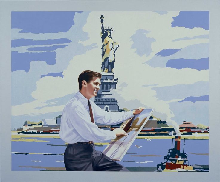 a painting of a man in front of the statue of liberty holding a paintbrush