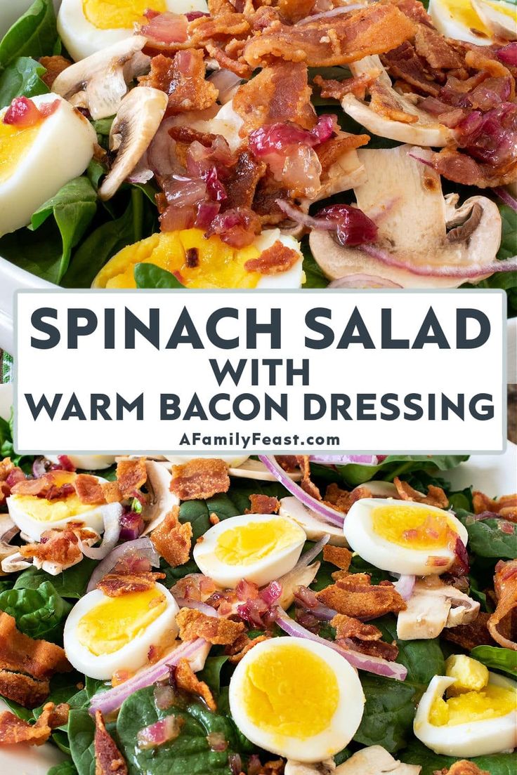 spinach salad with warm bacon dressing in a white bowl on top of a bed of lettuce