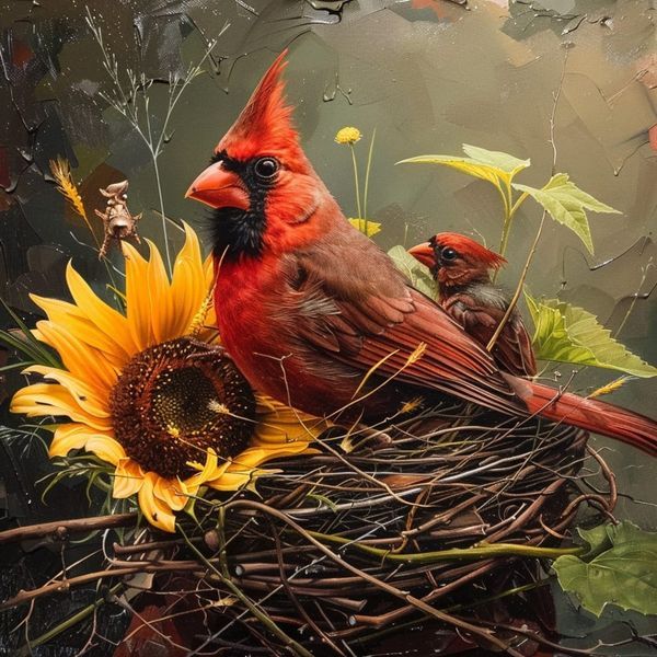 two red birds sitting on top of a nest with sunflowers and other plants