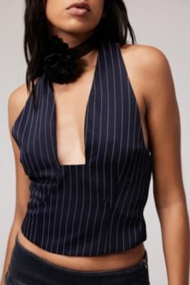 Cut-out pinstripe top by Lioness, complete with a halterneck tie fastening and a deep plunge cut-out at the neck. Finished with a fitted bodice and a cropped hem. **Content + Care** \- 100% Polyester \- Machine wash **Size + Fit** \- Model is 171/5'7.5" and wearing size Small | Lioness After Party Halterneck Top - Navy XS at Urban Outfitters Pinstripe Top, Waistcoat Women, Waistcoat Woman, Halterneck Top, Fasion Outfits, Deep Plunge, Halter Neck Top, After Party, Vest Top