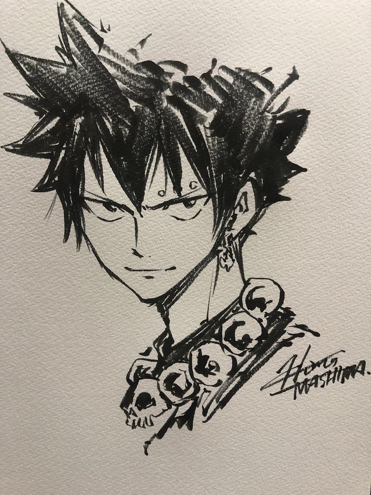 a drawing of an anime character with black hair and piercings on his ears is shown