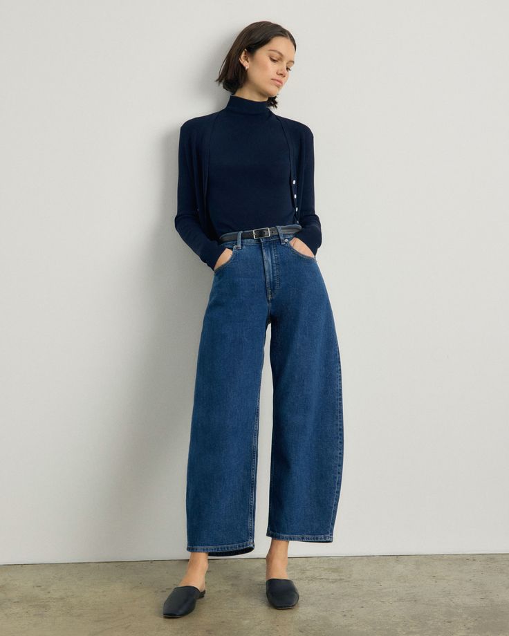 The Way-High® Curve Jean Ocean – Everlane Modern Medium Wash Bottoms For Fall, Modern Denim Blue Pants For Fall, Modern High Waist Cropped Jeans For Work, Modern High-waist Cropped Jeans In Dark Wash, Modern High Waist Dark Wash Cropped Jeans, Denim Blue Bottoms For Elevated Casual Fall Occasions, High Waisted Wide Jeans Outfit, Modern High Rise Cropped Jeans For Workwear, Modern Denim Blue Cropped Jeans For Work