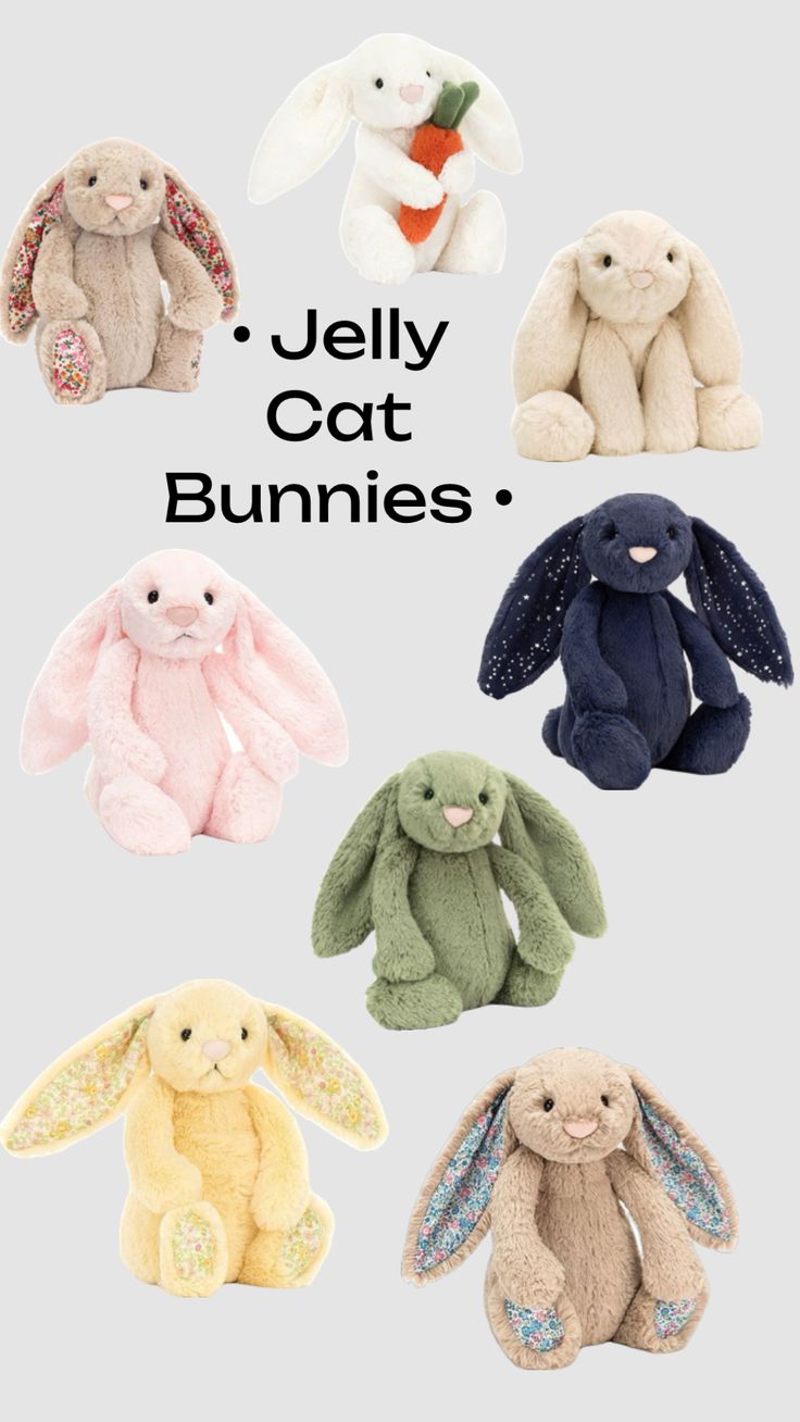 the jelly cat bunnies are all in different colors and sizes, including one bunny