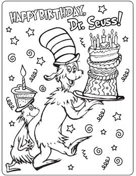 the cat in the hat coloring page for dr seussl and his birthday cake