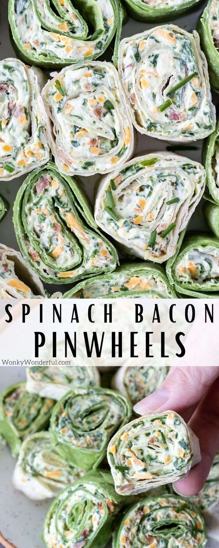 spinach and bacon pinwheels on a plate with the title in the middle