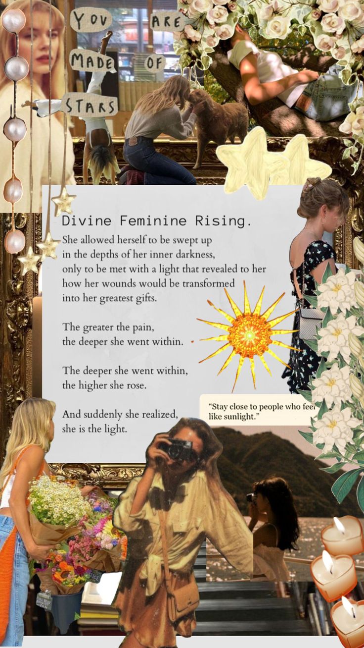 a collage of photos with people and flowers in the background, including an advertisement for divine feminine rising