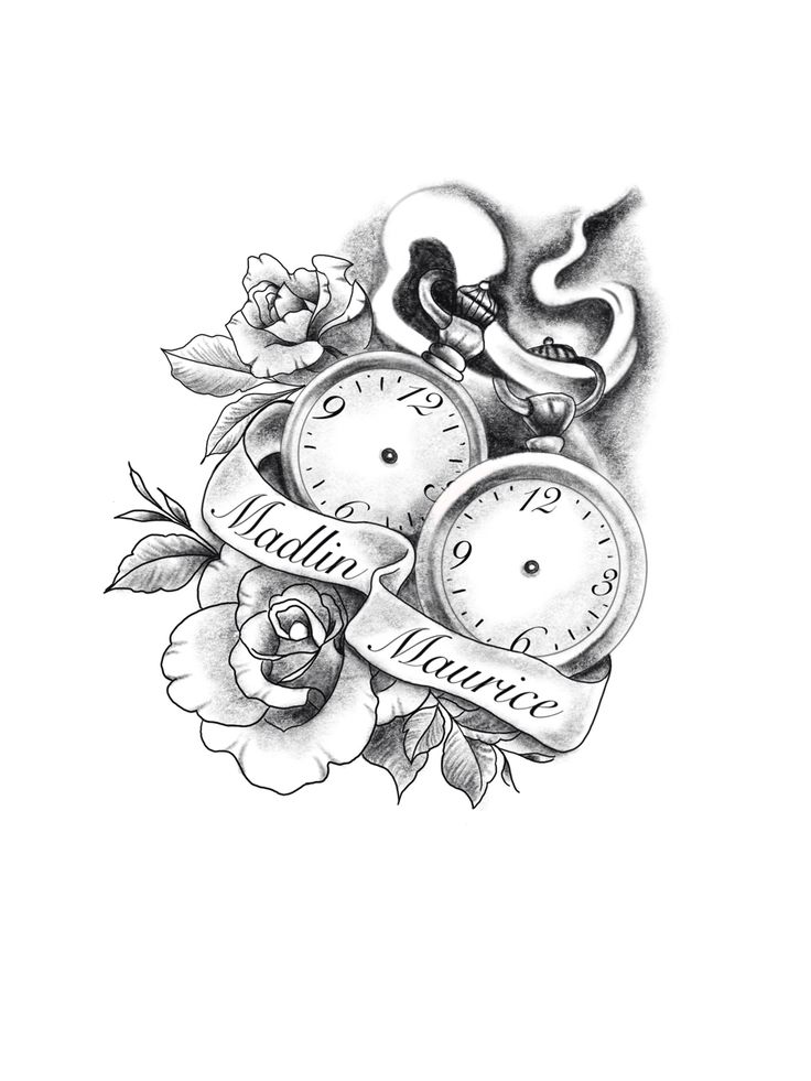 an old school tattoo design with roses and clocks