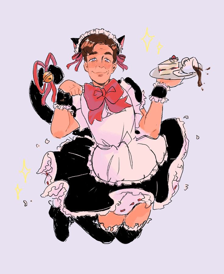 a drawing of a woman in an apron and bow tie holding a plate with a cake on it