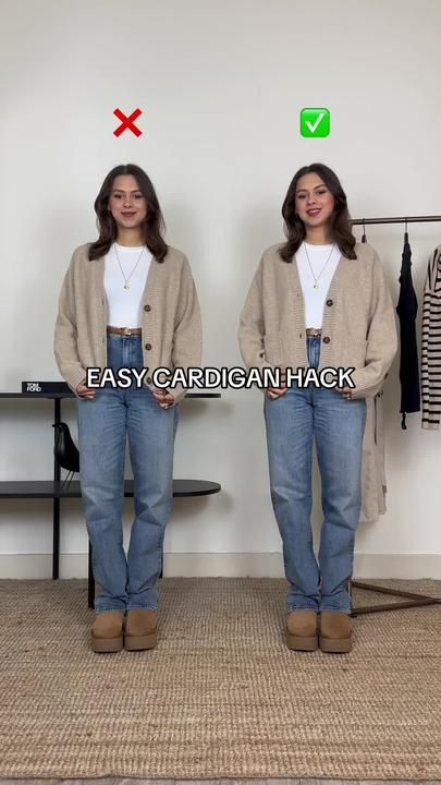 Bo Brown op TikTok Cardigan Hacks, Cropped Cardigan Outfit, How To Style A Cardigan, Crop Cardigan Outfit, Sweater Hacks, Open Back Sweater, Diy Clothes Hacks, Diy Fashion Scarf, Smart Casual Women