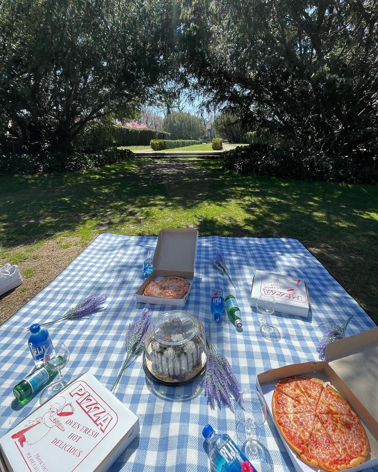 a picnic table with pizza and water bottles on it in the shade of some trees