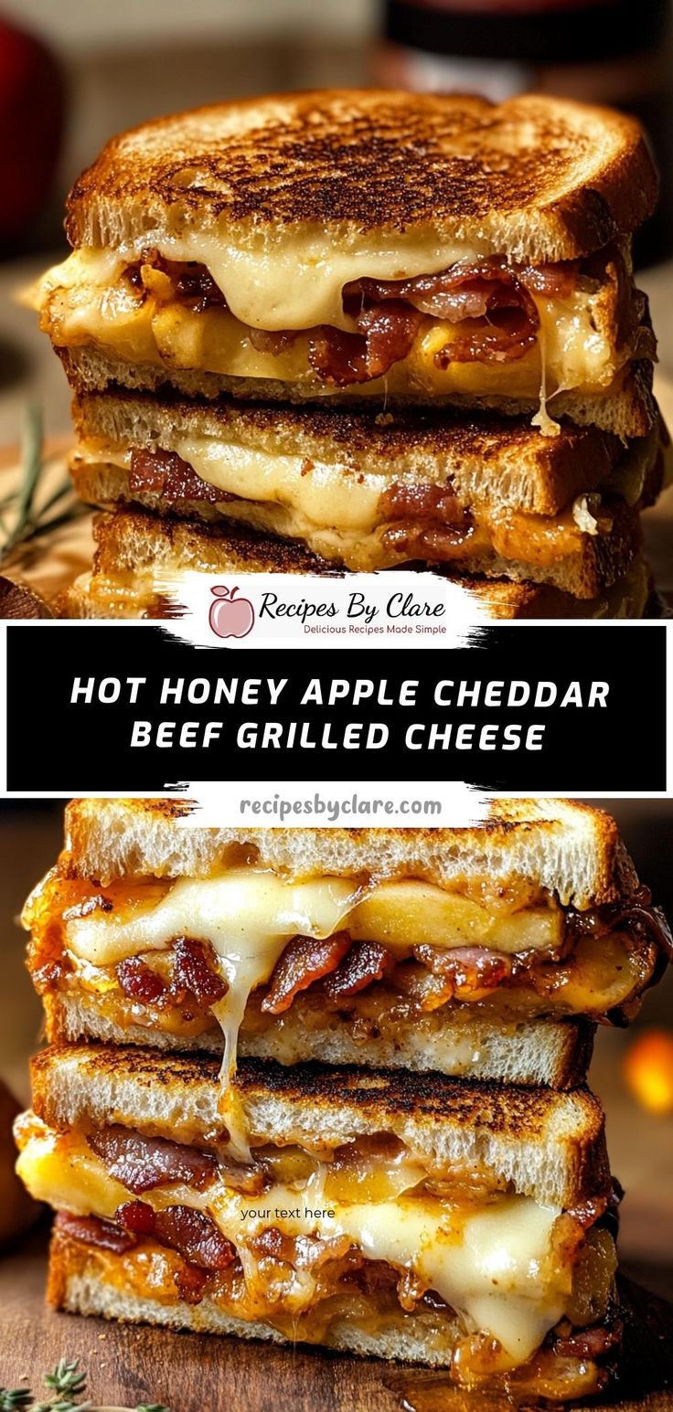 two grilled cheese sandwiches stacked on top of each other with the words, hot honey apple cheddar beef grilled cheese