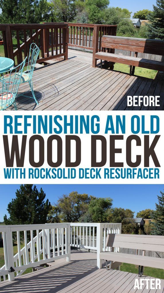 before and after photos of an old wood deck with rocksolid deck resurfacer