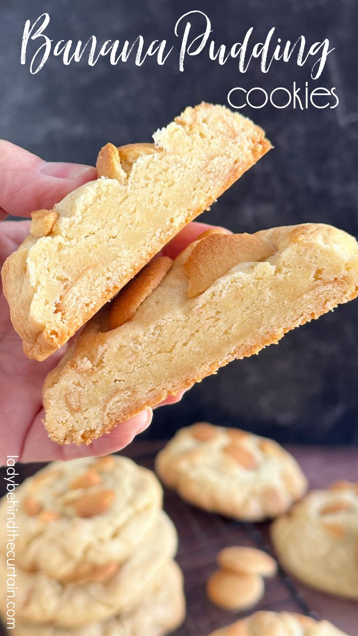 a person holding up some cookies in front of them with the words, banana pudding cookies