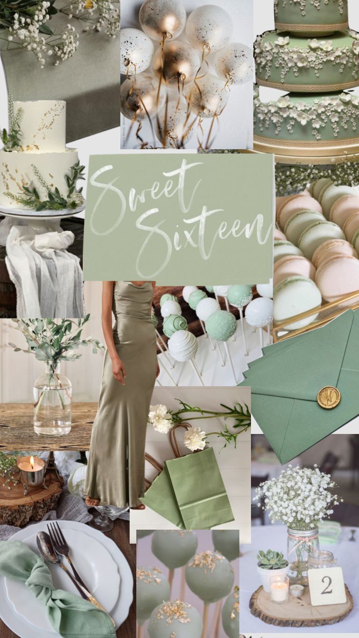 a collage of green and gold wedding colors with white flowers, greenery, cake, napkins