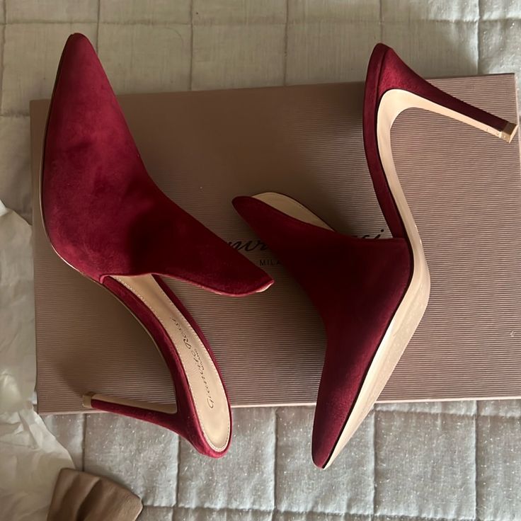 Gianvito Rossi Gorgeous Dark Red Shoes Size 7. 85 Mm Heel. Very Comfortable! Burgundy 4-inch Heels For Evening, Red Heels With Sculpted Heel, Evening Heels With Red Sole And Almond Toe, Burgundy Almond Toe Heels With 4-inch Heel, Elegant Burgundy Open Heel Heels, Party Suede Heels With Red Sole, Elegant Suede Heels With Wrapped Heel, Red Sole Open Heel Heels For Gala, Chic Heels With Red Sole For Evening