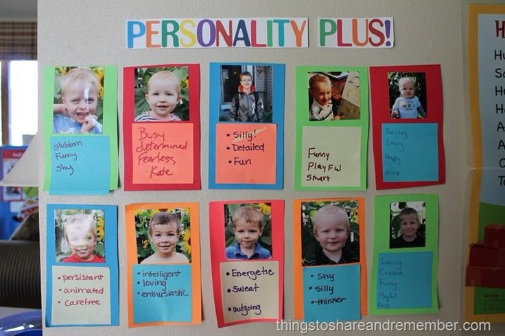 a bulletin board with pictures of children's faces and the words personality plus written on it