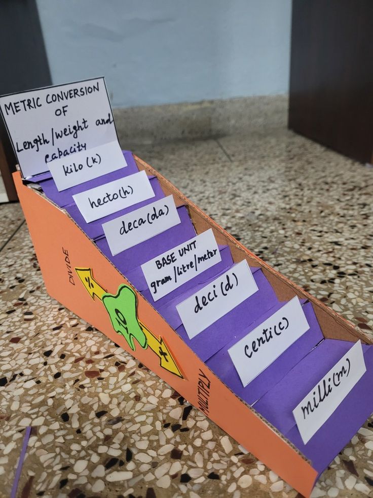 a purple and orange paper with writing on it sitting on top of a floor next to a wall