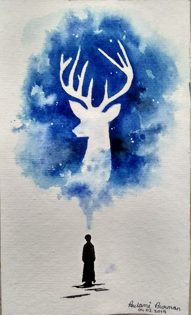 a painting of a man standing in front of a deer's head