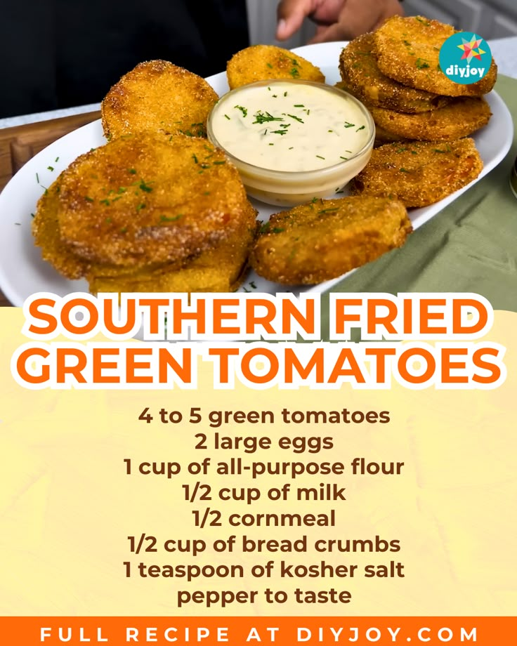 fried green tomatoes on a white plate with dipping sauce and dip in the middle is an advertisement for southern fried green tomatoes