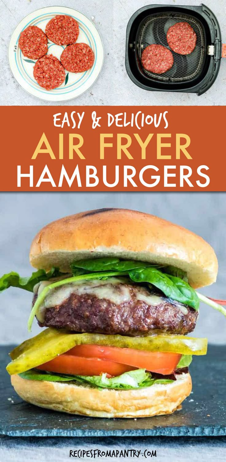 an air fryer hamburger with lettuce, tomato and cheese on it is shown