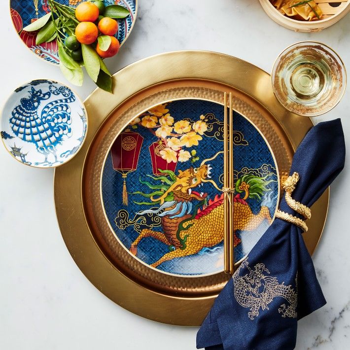 Asian Tablescape, Chinese Cafe, Wood Plate Chargers, Chinese Celebrations, Chinese New Year Food, Chinese Dinner, New Year's Desserts, Asian Party, Gold Charger Plate