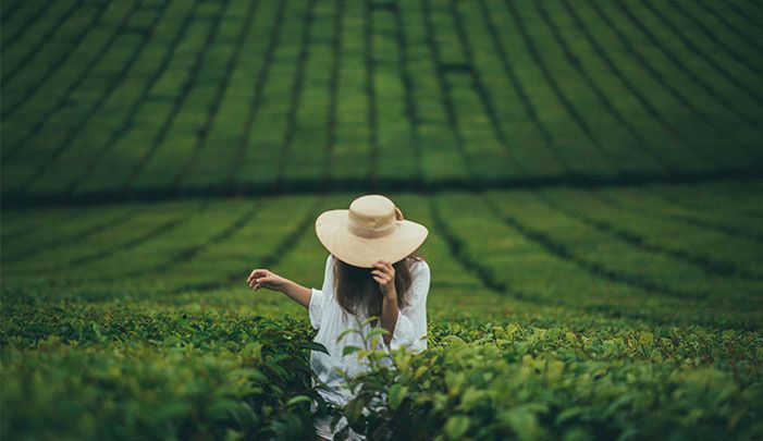 a woman wearing a hat standing in a field