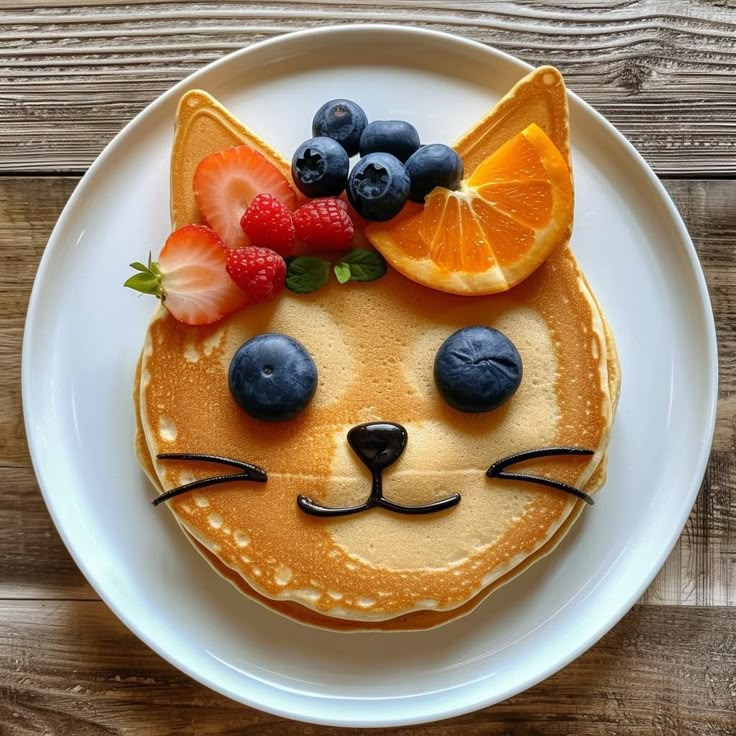 pancakes with fruit on top and cat face made out of oranges, strawberries, and blueberries