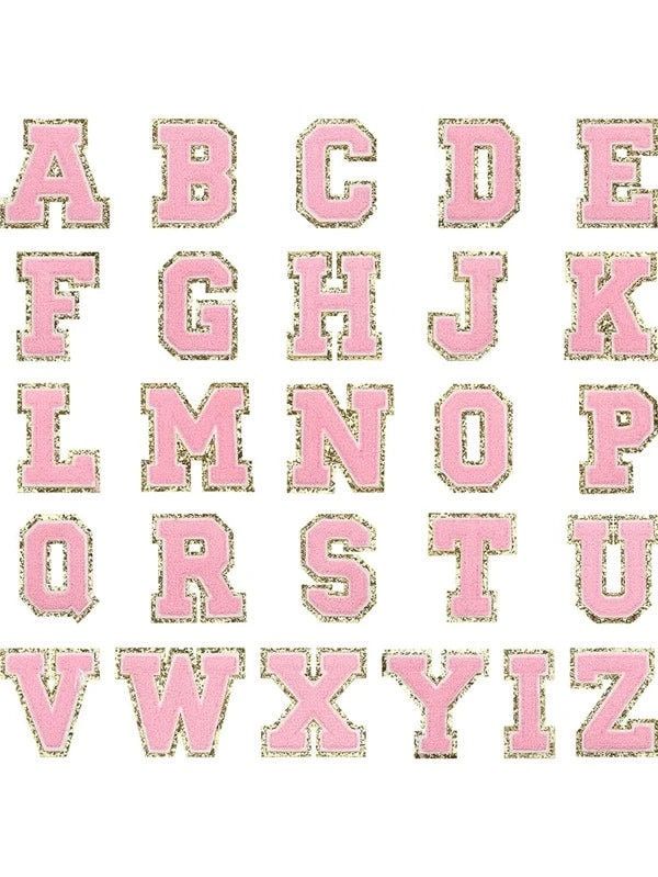 the letters and numbers are made out of pink glitters on a white background,