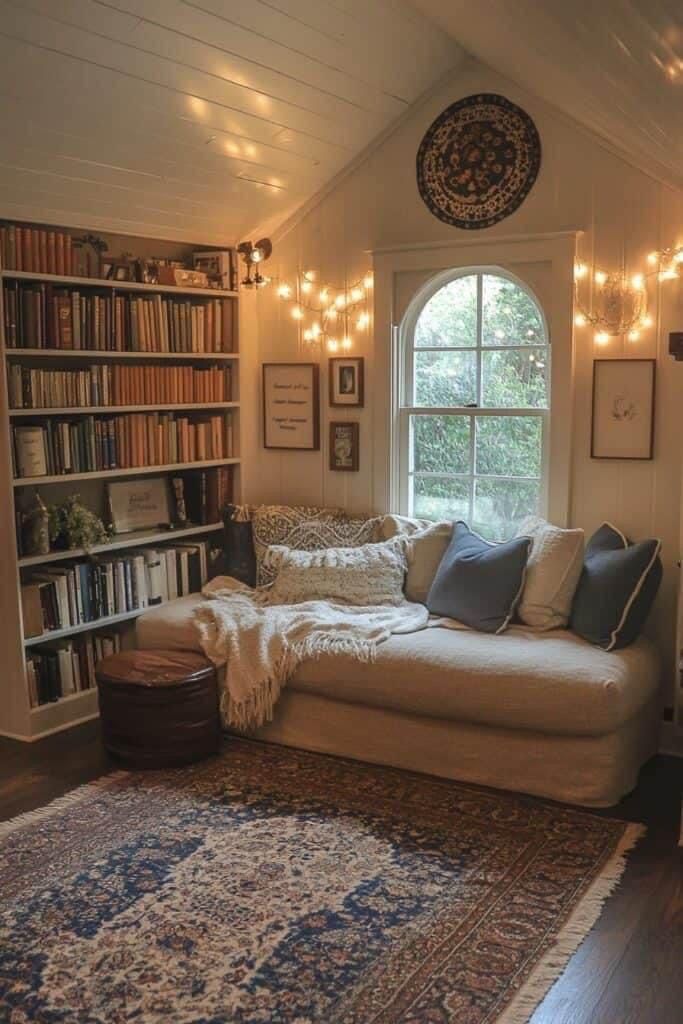 a living room filled with lots of furniture and bookshelves next to a window