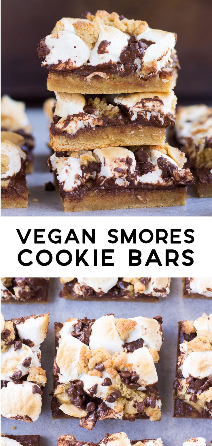 vegan s'mores cookie bars stacked on top of each other