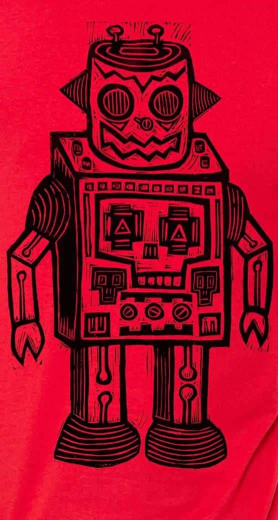 a red shirt with a robot drawn on it