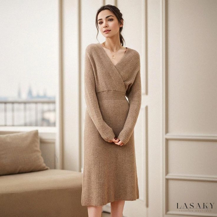 Lasaky - Premium Bodycon Knit Dress with Cashmere Blend and Cross-Over Design Cashmere Sweater Dress, Wool Knitted Dress, Bodycon Sweater Dress, Cashmere Outfits, Long Knitted Dress, Purple Midi Dress, Cashmere Dress, Long Sweater Dress, Long Sleeve Wrap Dress