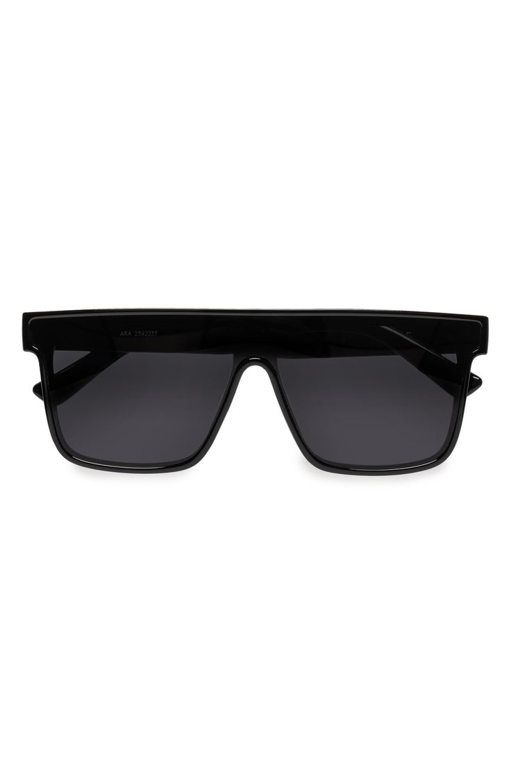 Add these bold shield sunglasses to your everyday look for some serious modern style that keeps the sun's rays at bay with full-coverage UV protection. 142mm lens width; 17mm bridge width; 144mm temple length   100% UV protection   Recycled polycarbonate   Imported Wayfarer Sunglasses With Uv Protection For Streetwear, Modern Polarized Shield Sunglasses For The Beach, Modern Polarized Shield Sunglasses For Beach, Modern Shield Sunglasses With Polarized Lenses For Beach, Modern Wayfarer Shield Sunglasses For Beach, Modern Shield Sunglasses With Uv Protection For Beach, Matte Black Shield Sunglasses With Uva Protection For Streetwear, Matte Black Polarized Shield Sunglasses For Summer, Matte Black Wayfarer Shield Sunglasses For Summer