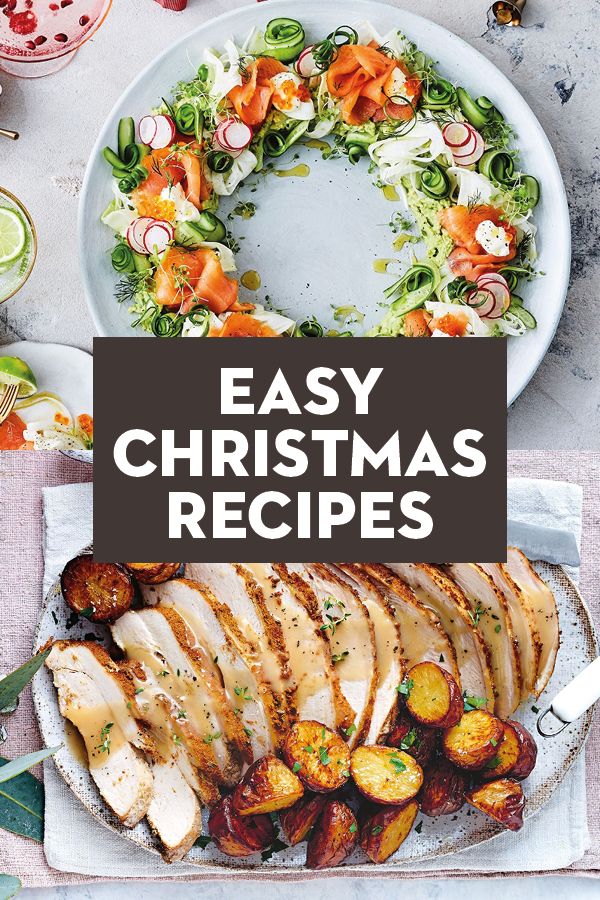 a plate with sliced chicken and vegetables on it next to the words easy christmas recipes