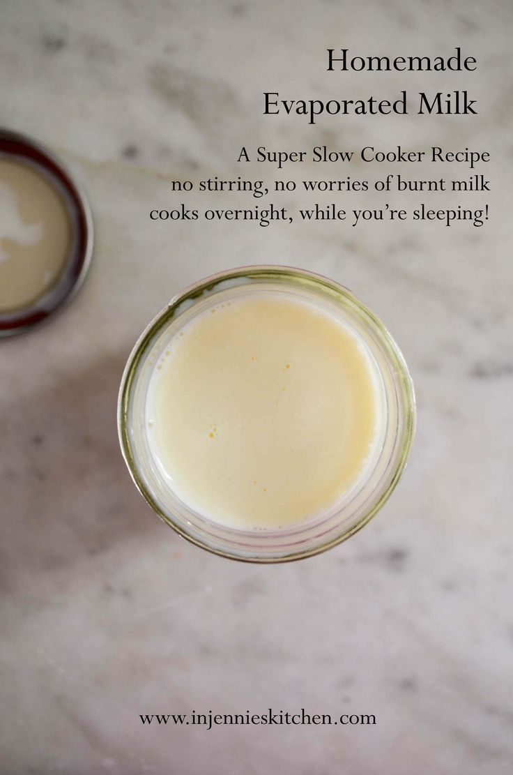 homemade evaporated milk recipe in a mason jar on a marble counter top with text overlay